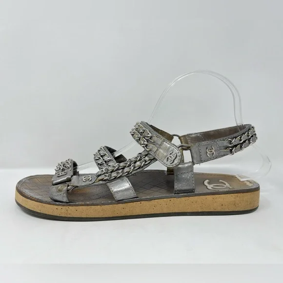 SOLD// Chanel Silver Metallic Chain Dad Sandals CC Logo Leather 40C 40 9 9.5 - Picture 2 of 14